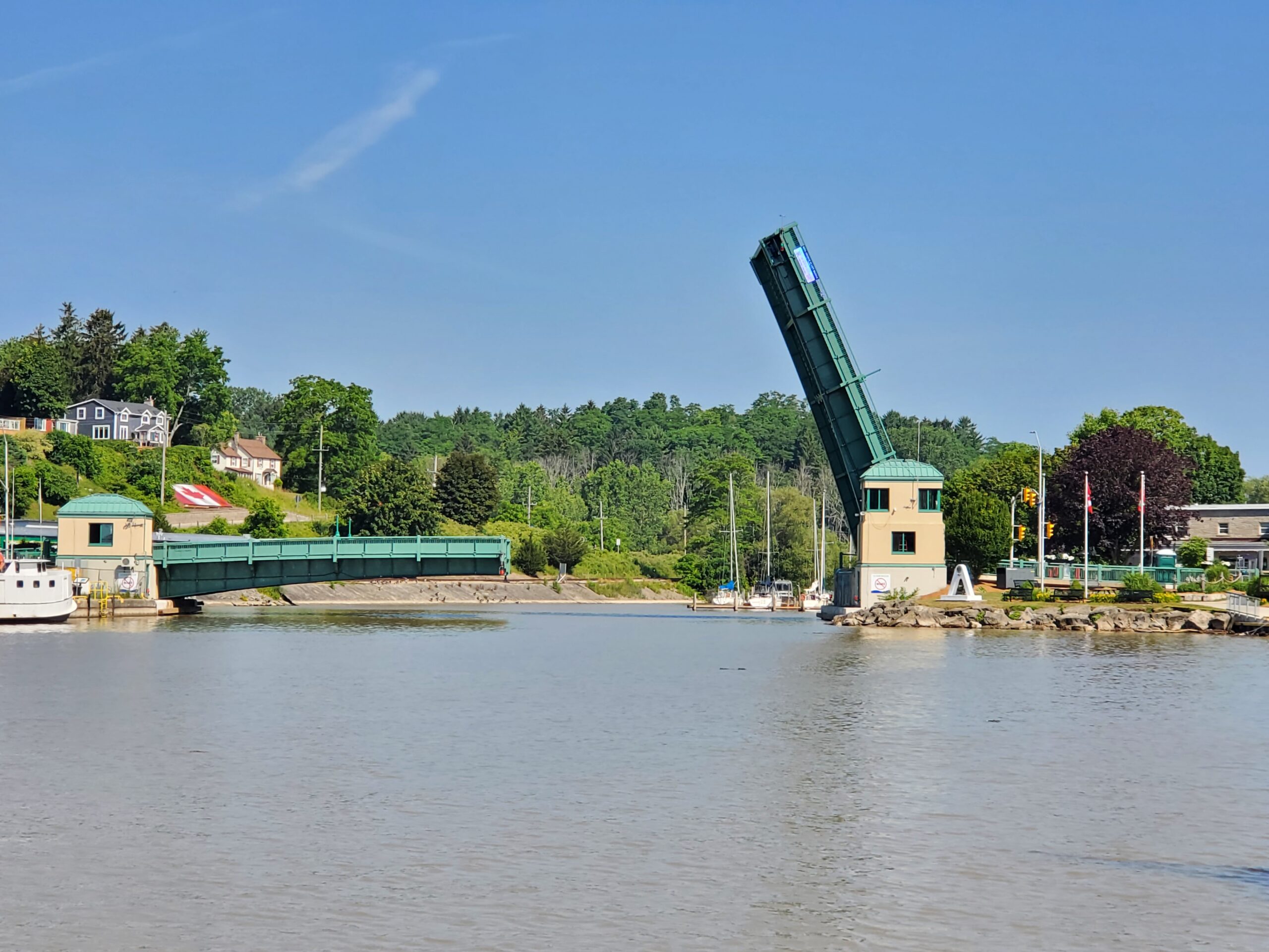 Port Stanley lift bridge under construction with just one half raised up