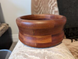 My wooden bowl made from rectangular pieces of cherry wood, glued and then turned on the lathe