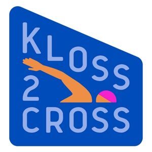 Kloss 2 Cross logo is blue with a cartoon image of a swimmer