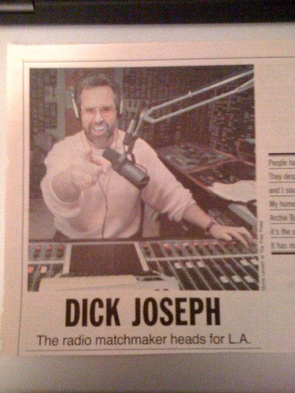 Newspaper article on Dick Joseph's departure from London to Los Angeles. The headline reads: The radio matchmaker heads for L.A.