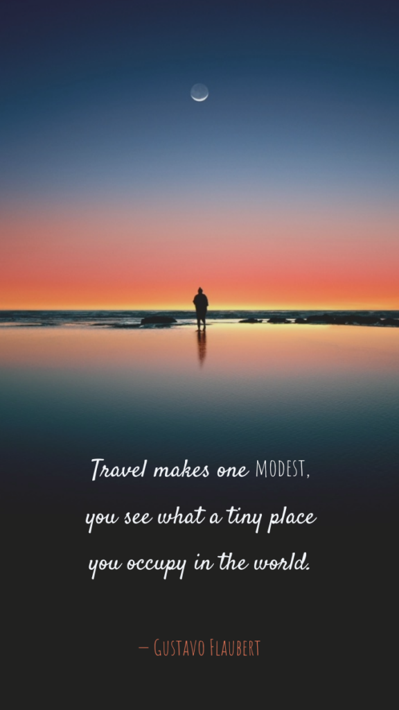 Meme featuring a sunset over a beach that reads: Travel makes you see what a tiny place in the world you occupy.