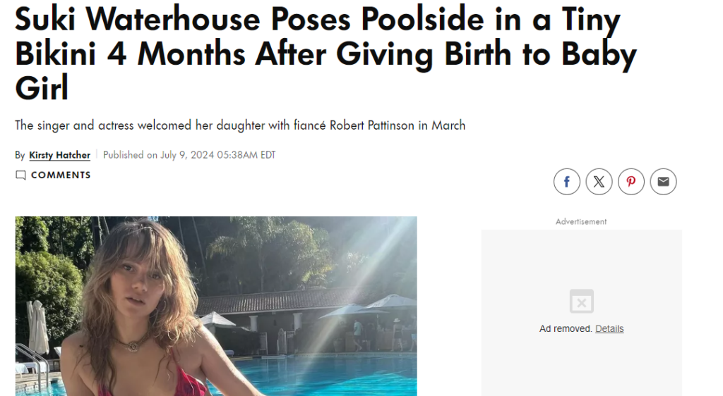 Snip of a People Magazine article. The title reads: Suki Waterhouse Poses Poolside in a Tiny Bikini 4 Months After Giving Birth to Baby Girl