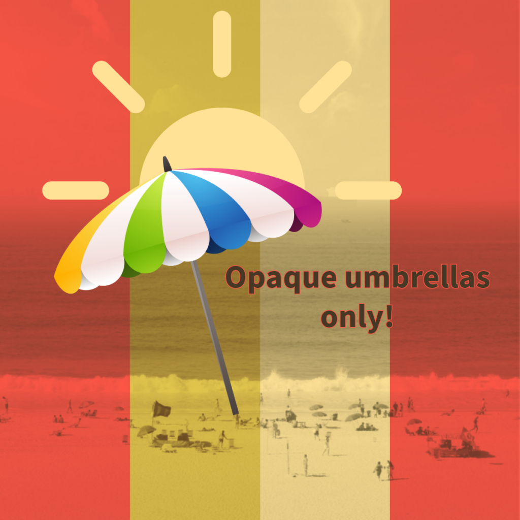 Giant cartoon sun over a beach with a huge colourful umbrella blocking its rays