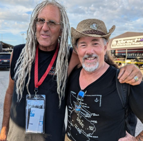 Derek with Mike Hall of TV's Rust Valley Restorers. Mike is a little older than Derek and has long, grey dreadlocks.