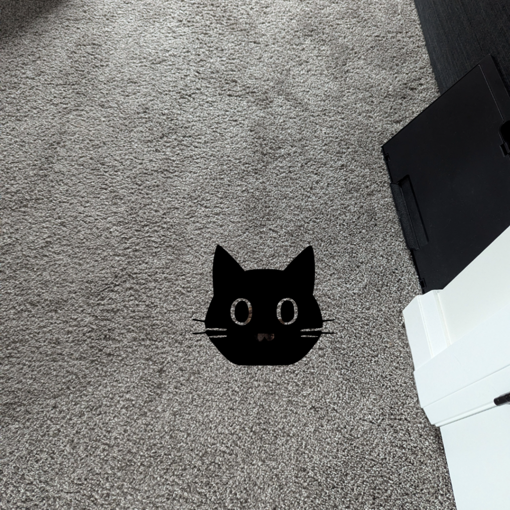 A picture of a bit of carpet near a couch with a cat face outline covering a deposit Cuddles made. 