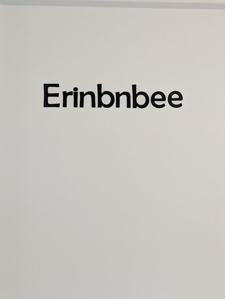 Letters spelling Erinbnbee. 